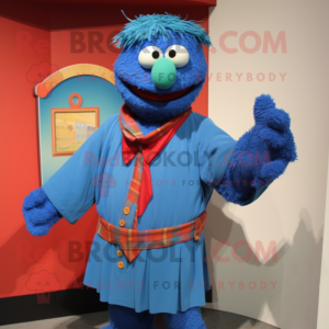 Blue Jambalaya mascot costume character dressed with a Cardigan and Belts