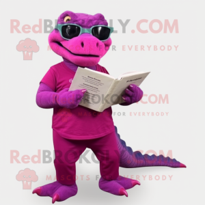 Magenta Komodo Dragon mascot costume character dressed with a Capri Pants and Reading glasses