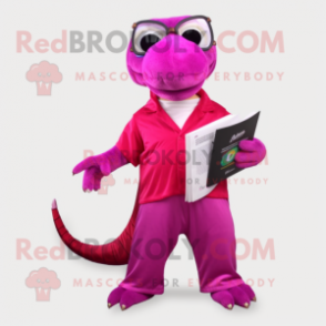 Magenta Komodo Dragon mascot costume character dressed with a Capri Pants and Reading glasses