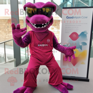 Magenta Komodo Dragon mascot costume character dressed with a Capri Pants and Reading glasses