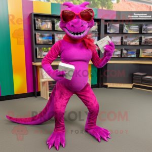 Magenta Komodo Dragon mascot costume character dressed with a Capri Pants and Reading glasses