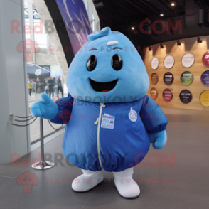 Blue Potato mascot costume character dressed with a Bomber Jacket and Shawls