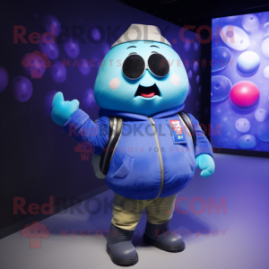 Blue Potato mascot costume character dressed with a Bomber Jacket and Shawls