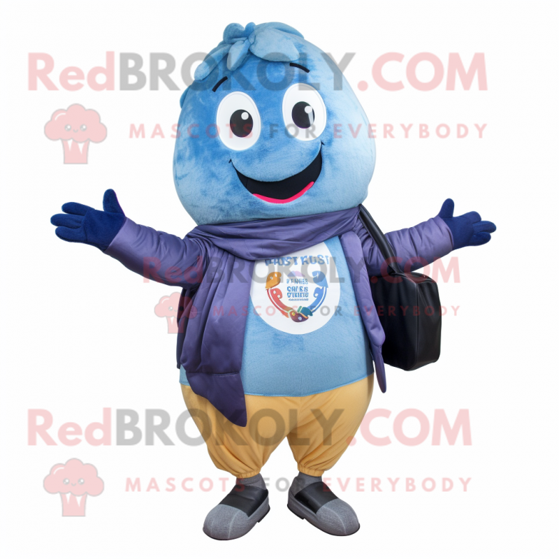 Blue Potato mascot costume character dressed with a Bomber Jacket and Shawls