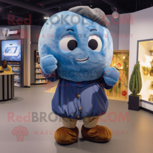 Blue Potato mascot costume character dressed with a Bomber Jacket and Shawls