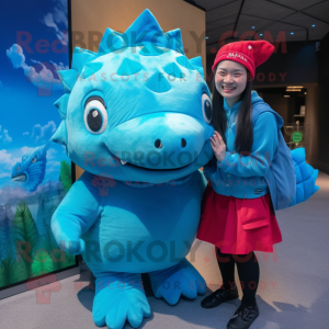 Cyan Ankylosaurus mascot costume character dressed with a Mini Skirt and Beanies