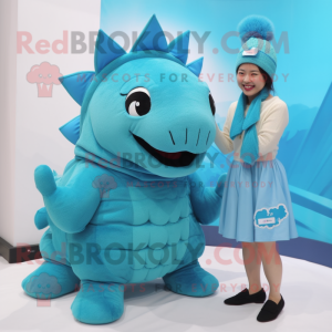 Cyan Ankylosaurus mascot costume character dressed with a Mini Skirt and Beanies