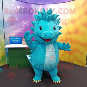 Cyan Ankylosaurus mascot costume character dressed with a Mini Skirt and Beanies