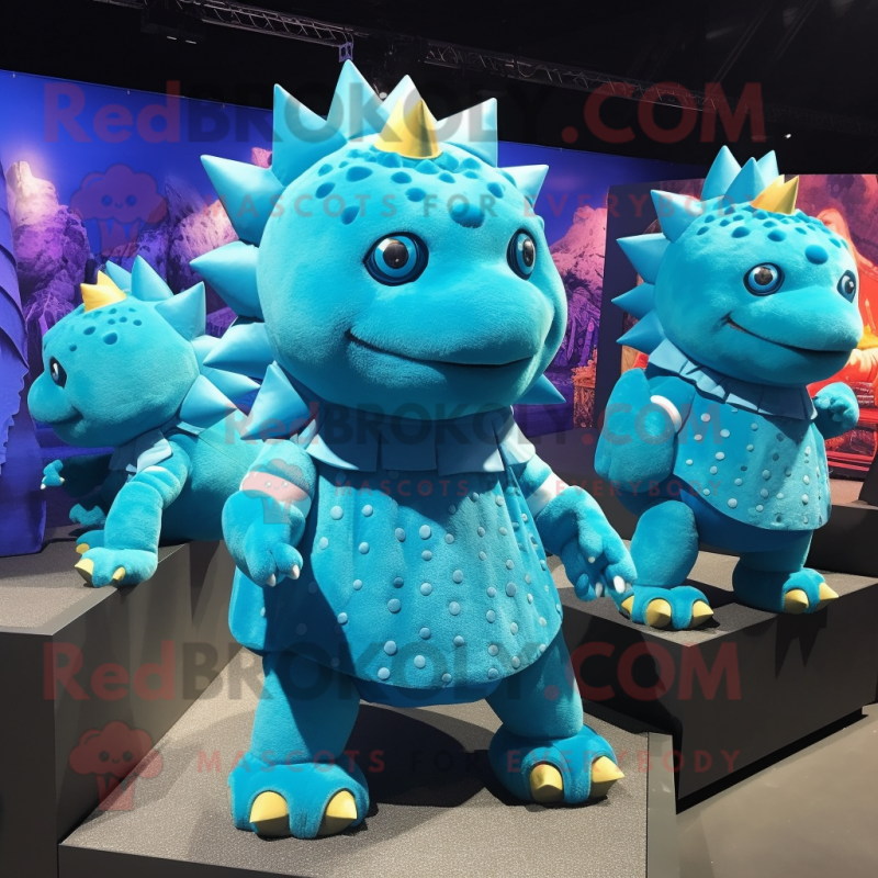 Cyan Ankylosaurus mascot costume character dressed with a Mini Skirt and Beanies Cyan Ankylosaurus mascot costume character dressed with a Mini Skirt and Beanies
