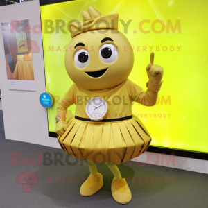 Gold Squash mascot costume character dressed with a A-Line Skirt and Smartwatches