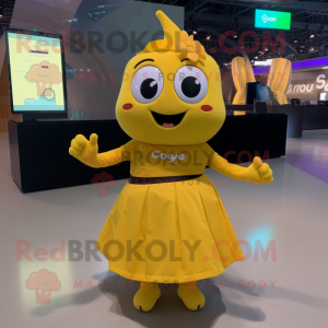 Gold Squash mascot costume character dressed with a A-Line Skirt and Smartwatches