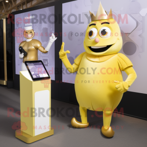 Gold Squash mascot costume character dressed with a A-Line Skirt and Smartwatches