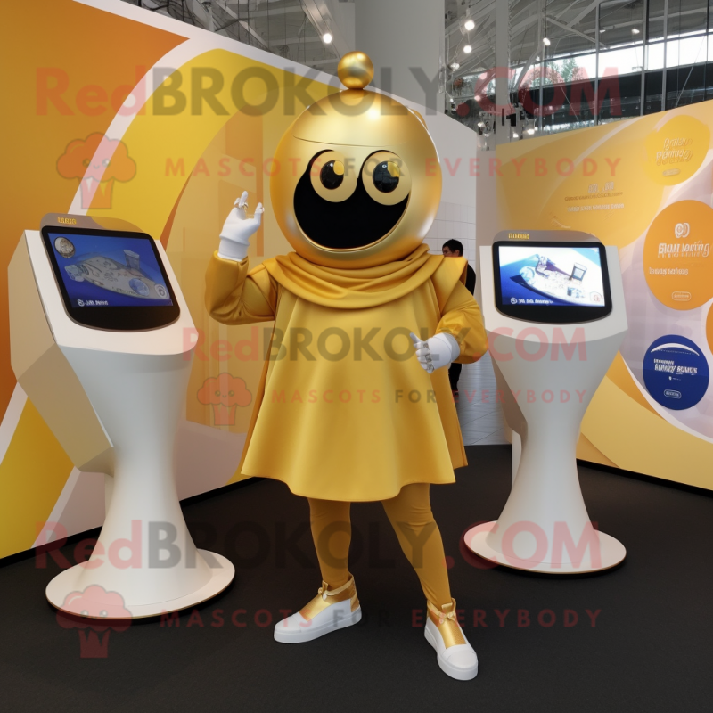 Gold Squash mascot costume character dressed with a A-Line Skirt and Smartwatches