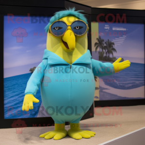 Cyan Canary mascot costume character dressed with a Swimwear and Sunglasses