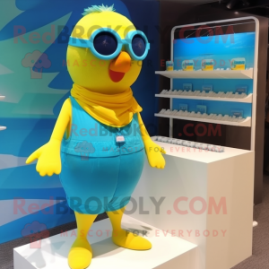 Cyan Canary mascot costume character dressed with a Swimwear and Sunglasses