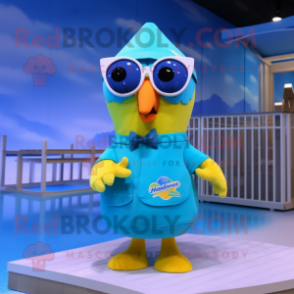 Cyan Canary mascot costume character dressed with a Swimwear and Sunglasses