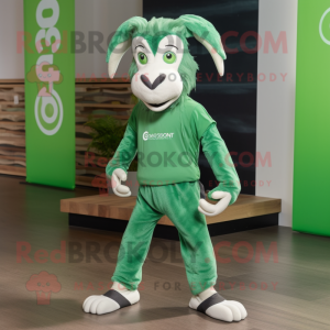 Green Goat mascot costume character dressed with a Joggers and Shoe laces