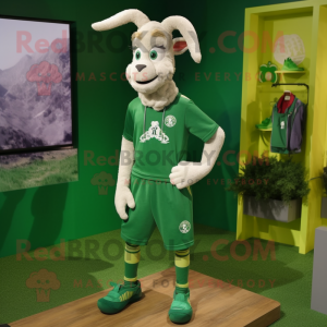 Green Goat mascot costume character dressed with a Joggers and Shoe laces