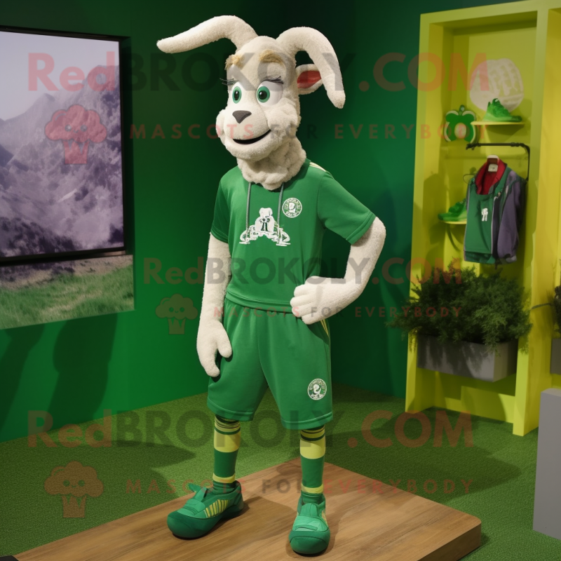 Green Goat mascot costume character dressed with a Joggers and Shoe laces