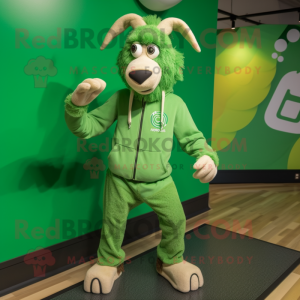 Green Goat mascot costume character dressed with a Joggers and Shoe laces