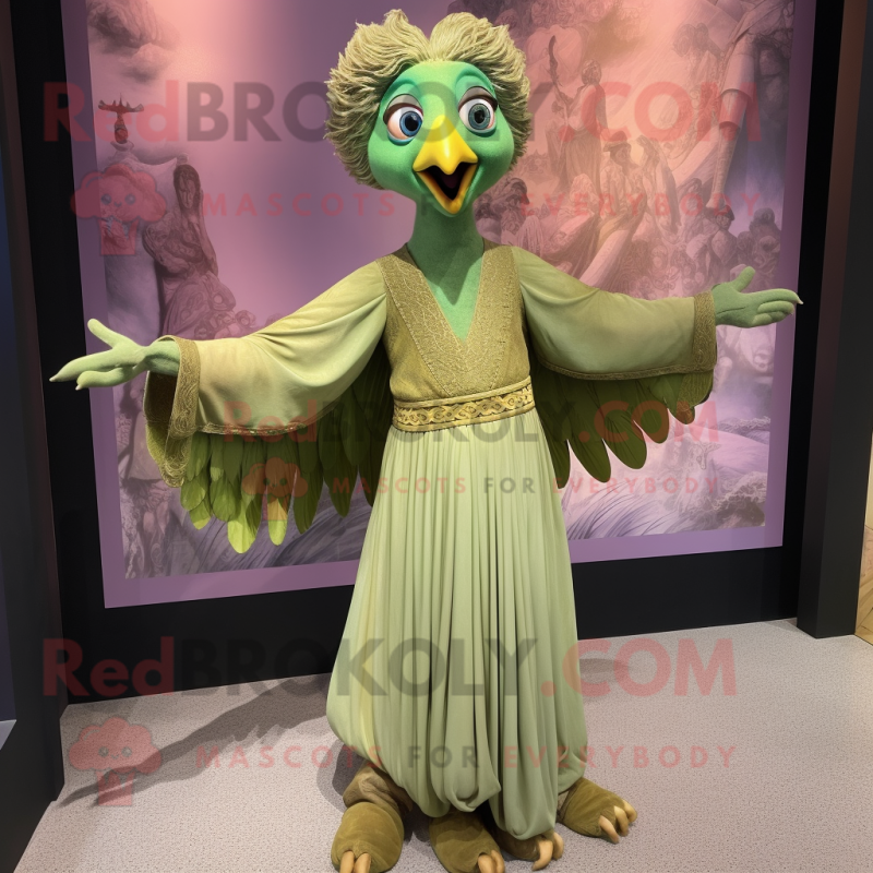 Olive Harpy mascot costume character dressed with a Ball Gown and Belts Olive Harpy mascot costume character dressed with a Ball Gown and Belts