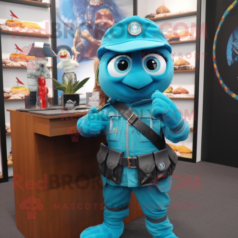 Turquoise Marine Recon mascot costume character dressed with a Waistcoat and Watches