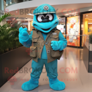 Turquoise Marine Recon mascot costume character dressed with a Waistcoat and Watches