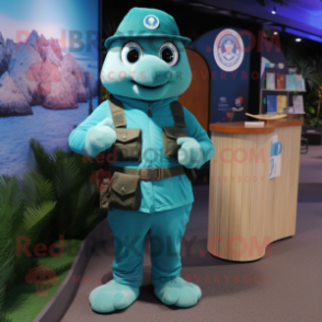 Turquoise Marine Recon mascot costume character dressed with a Waistcoat and Watches