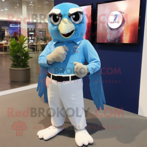 Sky Blue Falcon mascot costume character dressed with a Dress Shirt and Watches