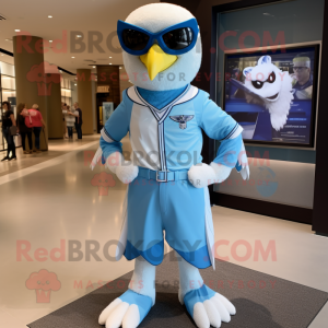 Sky Blue Falcon mascot costume character dressed with a Dress Shirt and Watches