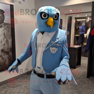 Sky Blue Falcon mascot costume character dressed with a Dress Shirt and Watches