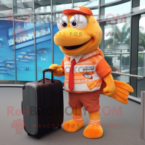 Orange Salmon mascot costume character dressed with a Rugby Shirt and Briefcases