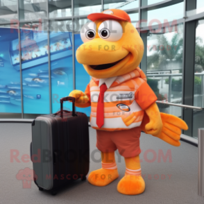 Orange Salmon mascot costume character dressed with a Rugby Shirt and Briefcases