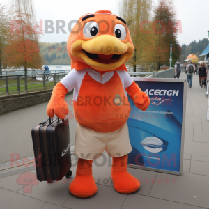 Orange Salmon mascot costume character dressed with a Rugby Shirt and Briefcases