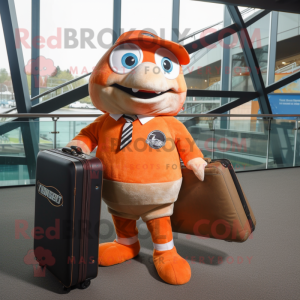 Orange Salmon mascot costume character dressed with a Rugby Shirt and Briefcases