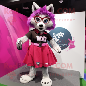 Magenta Say Wolf mascot costume character dressed with a Skirt and Eyeglasses