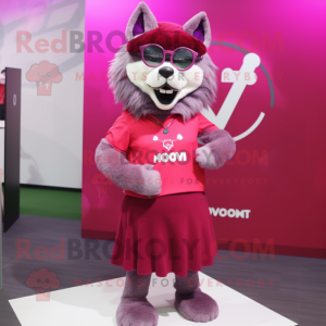 Magenta Say Wolf mascot costume character dressed with a Skirt and Eyeglasses