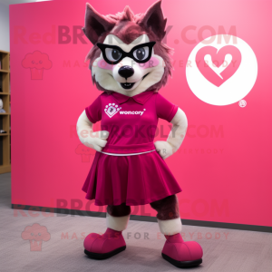 Magenta Say Wolf mascot costume character dressed with a Skirt and Eyeglasses