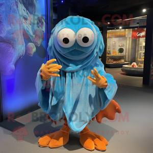 Blue Hermit Crab mascot costume character dressed with a Jumpsuit and Shawl pins