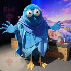 Blue Hermit Crab mascot costume character dressed with a Jumpsuit and Shawl pins