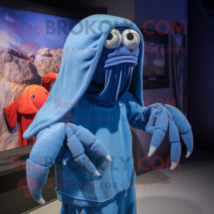 Blue Hermit Crab mascot costume character dressed with a Jumpsuit and Shawl pins