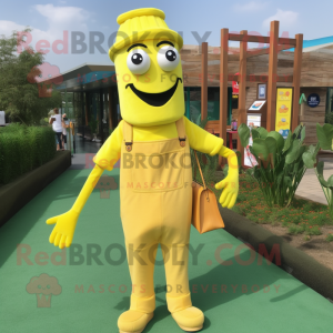 Yellow Stilt Walker mascot costume character dressed with a Dungarees and Pocket squares