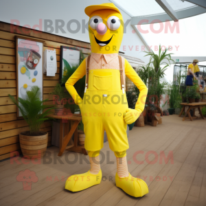 Yellow Stilt Walker mascot costume character dressed with a Dungarees and Pocket squares