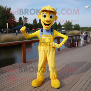 Yellow Stilt Walker mascot costume character dressed with a Dungarees and Pocket squares