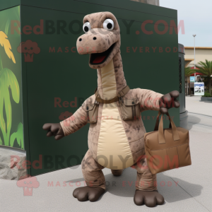 Brown Brachiosaurus mascot costume character dressed with a Cargo Shorts and Clutch bags