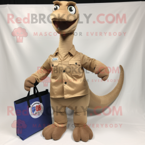 Brown Brachiosaurus mascot costume character dressed with a Cargo Shorts and Clutch bags