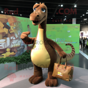 Brown Brachiosaurus mascot costume character dressed with a Cargo Shorts and Clutch bags