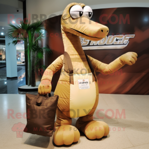 Brown Brachiosaurus mascot costume character dressed with a Cargo Shorts and Clutch bags