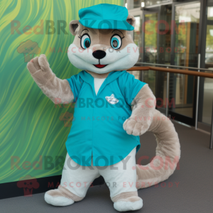Turquoise Weasel mascot costume character dressed with a Polo Shirt and Cummerbunds