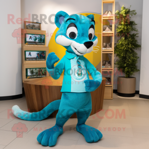 Turquoise Weasel mascot costume character dressed with a Polo Shirt and Cummerbunds